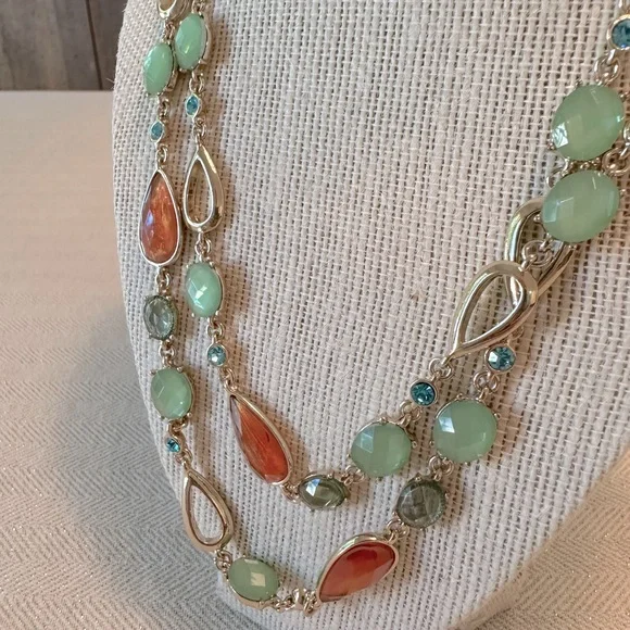 Anne Klein 40" Long Layering Necklace Peach, Green & Turquoise Blue Stations - Picture 9 of 10